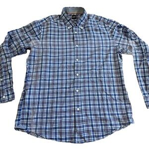 HUGO BOSS Mens Regular Fit Stretch blue plaid long sleeve shirt Size Large EUC
